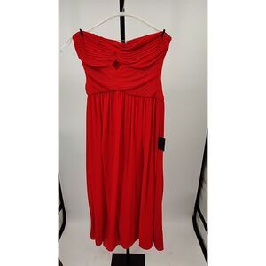 Lulu's Strapless Red Pleated Bust Midi Dress with Keyhole